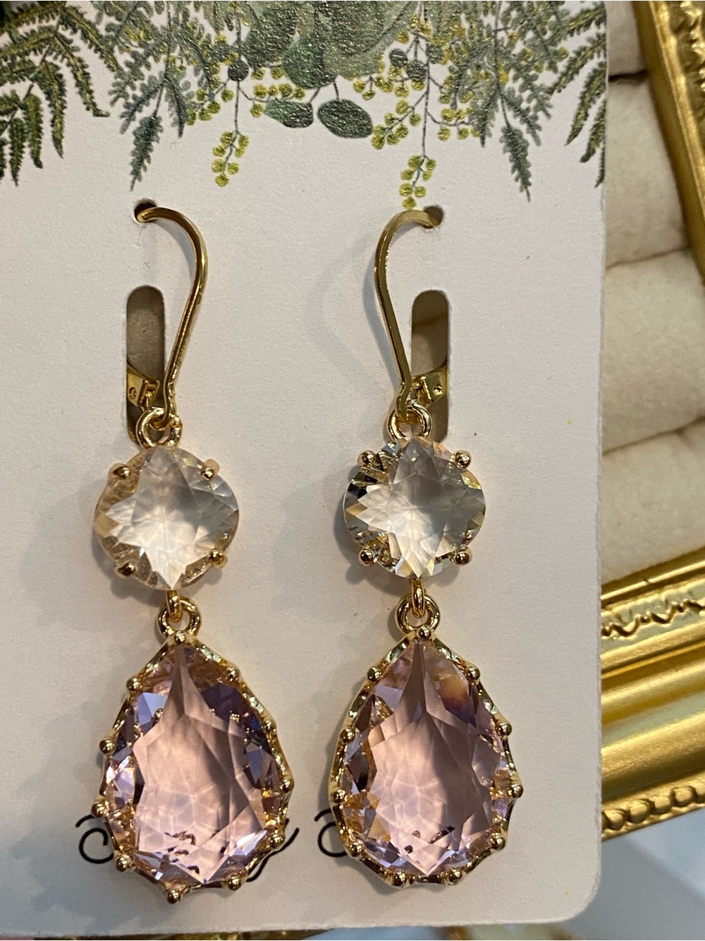 Gold-Tone Pink Crystal Teardrop Dangle Earrings